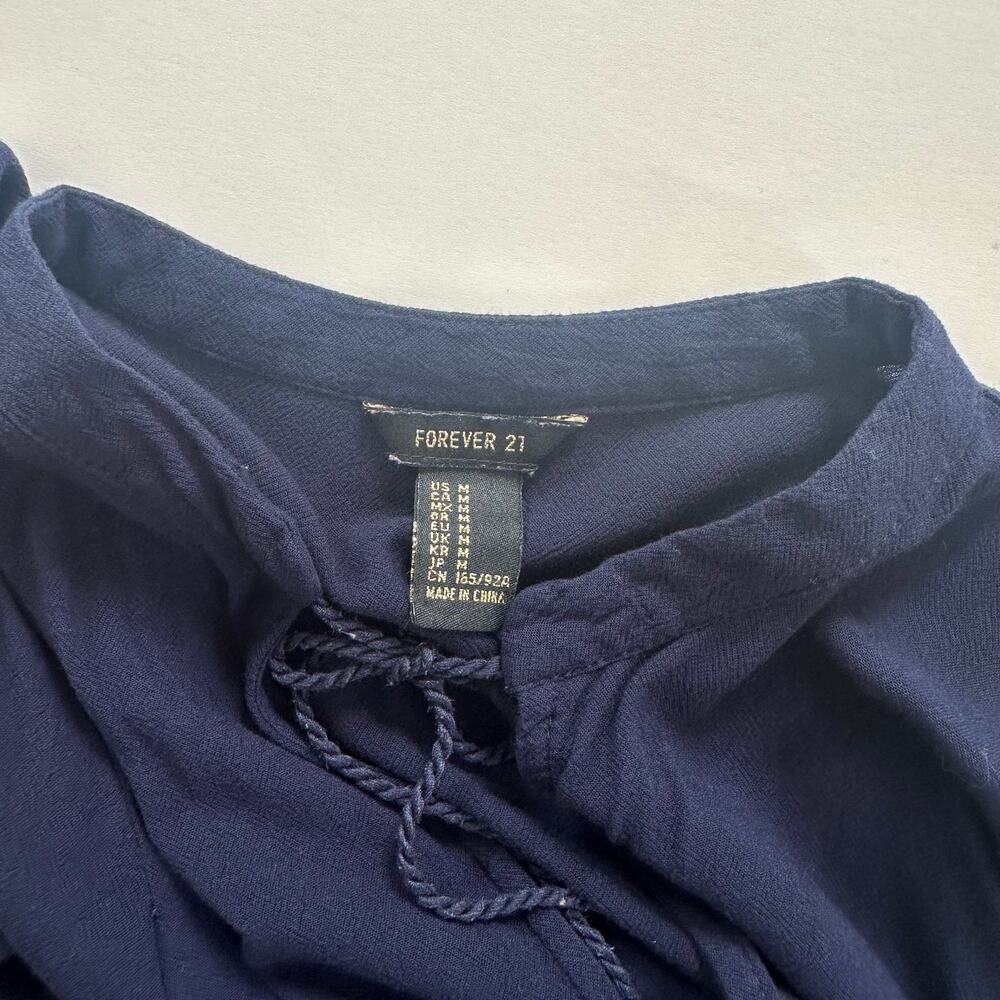 Forever 21 Navy Boho Mini Dress Long Sleeve Tassel Tie Neck Medium Peasant - Picture 8 of 12